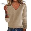 Женский свитер с V-образным вырезом, длинным рукавом, ребристой отделкой, пуловер, трикотажные топы, повседневный свободный нарядный свитер, повседневная одежда