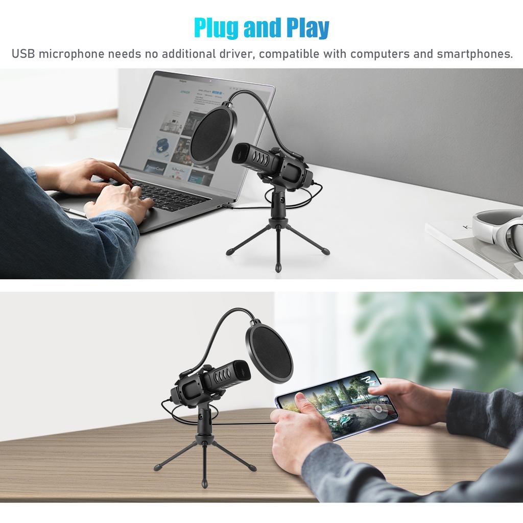 USB-микрофон, кардиоидный конденсаторный микрофон со штативом, поп-фильтр, подвесное крепление для потоковой передачи игр