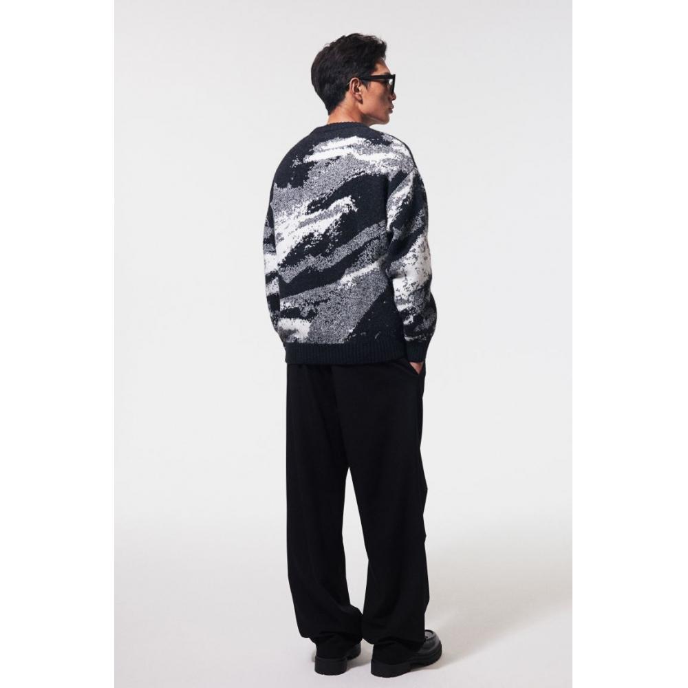 H M Loose Fit Jacquard Knit juMper Black Patterned