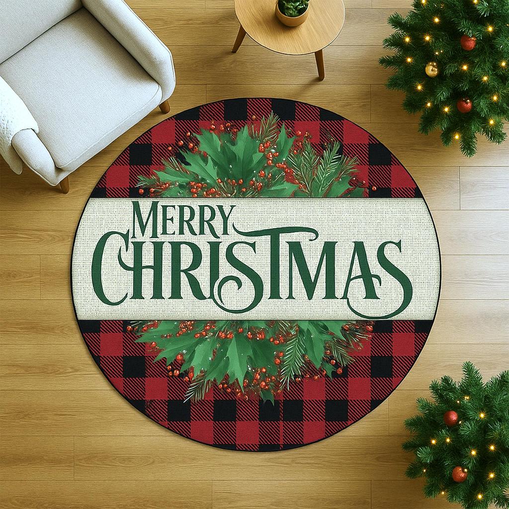 Christmas Poinsettia Round Rug Red Flower Green Leaves Holiday Floor Area Carpet for Home Living Room Bedroom Decor