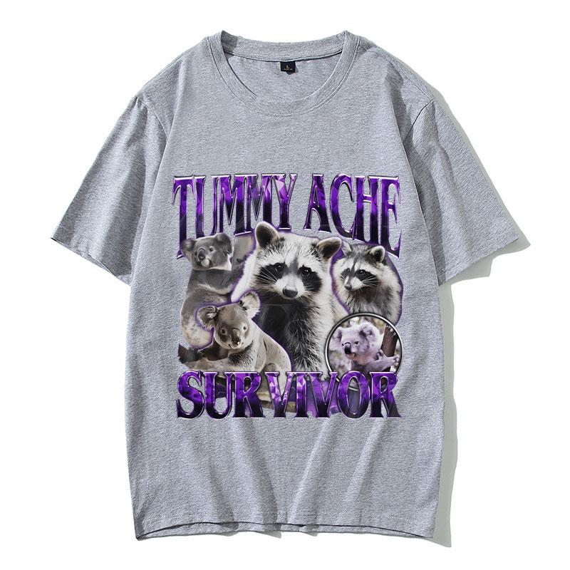 Tummy Ache Survivor Vintage Raccoon Funny Meme Tshirt Unisex Women Casual Cotton Oversized Streetwear Unisex Vintage Short Sleeve