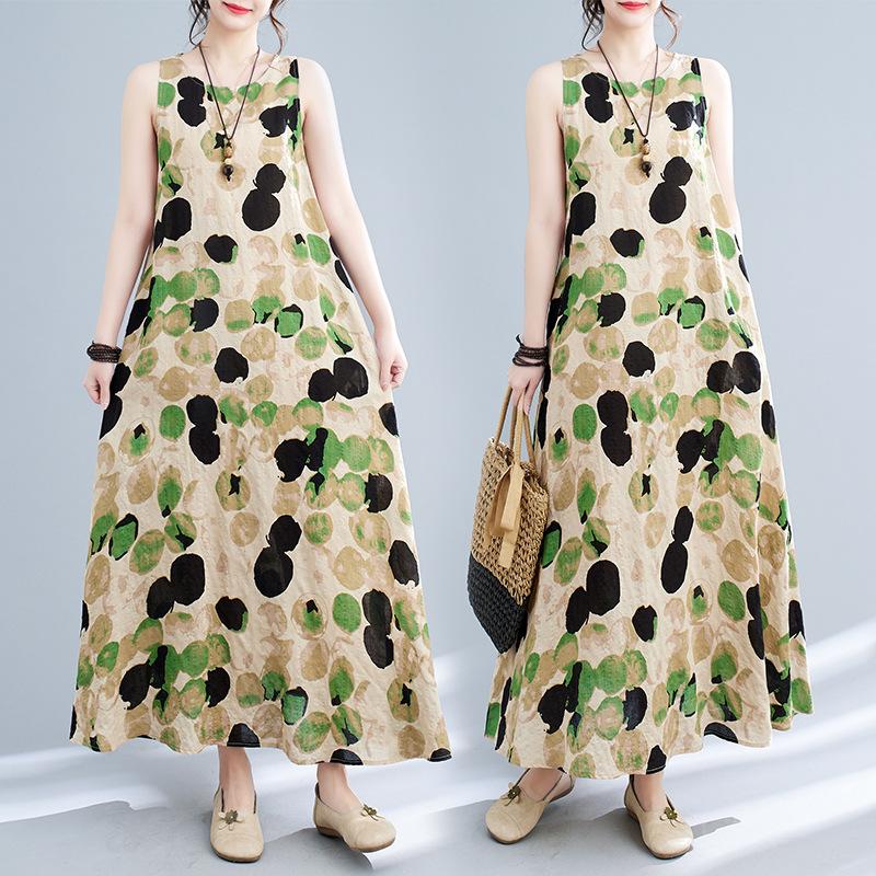 Real Shot Summer New Literary Loose Printing Round Neck Sleeveless Dress Women's Medium and Long