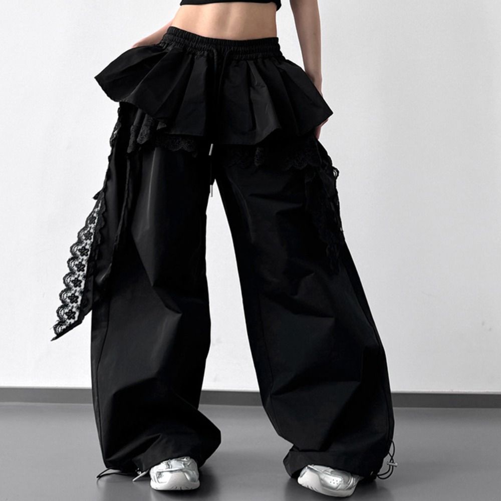 Baggy Lace Tiered Skirt Pants High Waist Wide Leg Trousers Sweet Lace Patchwork Pants Girls