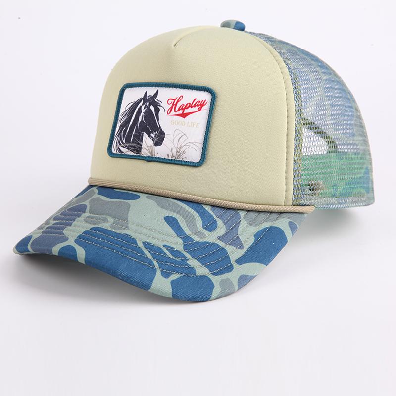 Trucker Hats With Logo Embroidery Printing 5 Panel Camo Trucker Cap Pre-curved Brim Print Mesh Hat
