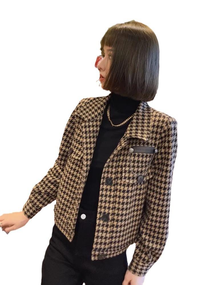 Short coat women's autumn and winter new small versatile thousand bird grid small fragrant jacket foreign casual top