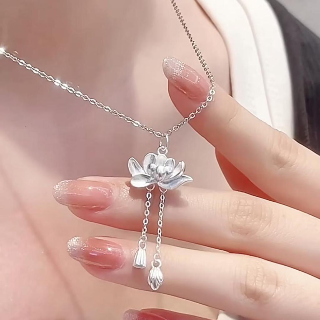Серебряный кулон S925 "Две жизни" с лотосом - Женская модная цепочка на ключицы в национальном стиле