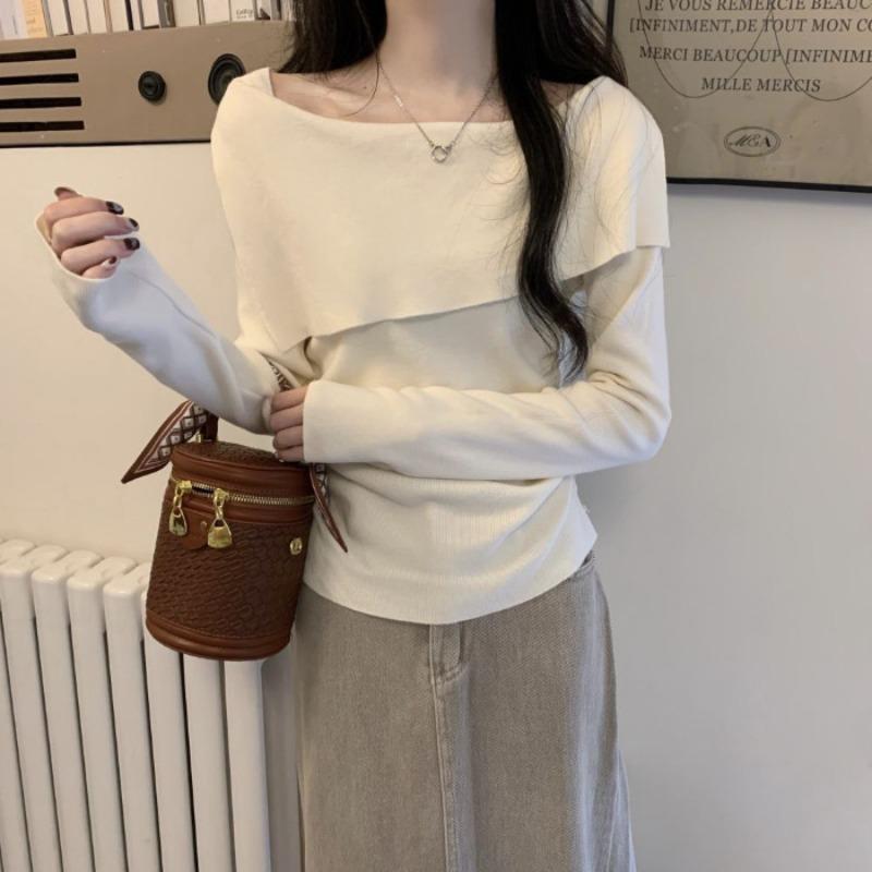 Irregular One-word Shoulder Sweater Women's Spring Slim-fit Babes Top Chic Knitted Bottoming Shirt