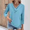 Womens 3/4 Sleeve Daily Weekend V Neck Casual Printed Tshirts Loose Fit Pleated Tees Ladies Blouse