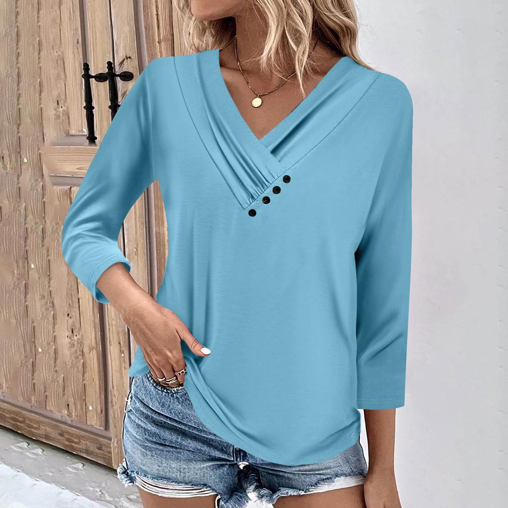 Womens 3/4 Sleeve Daily Weekend V Neck Casual Printed Tshirts Loose Fit Pleated Tees Ladies Blouse