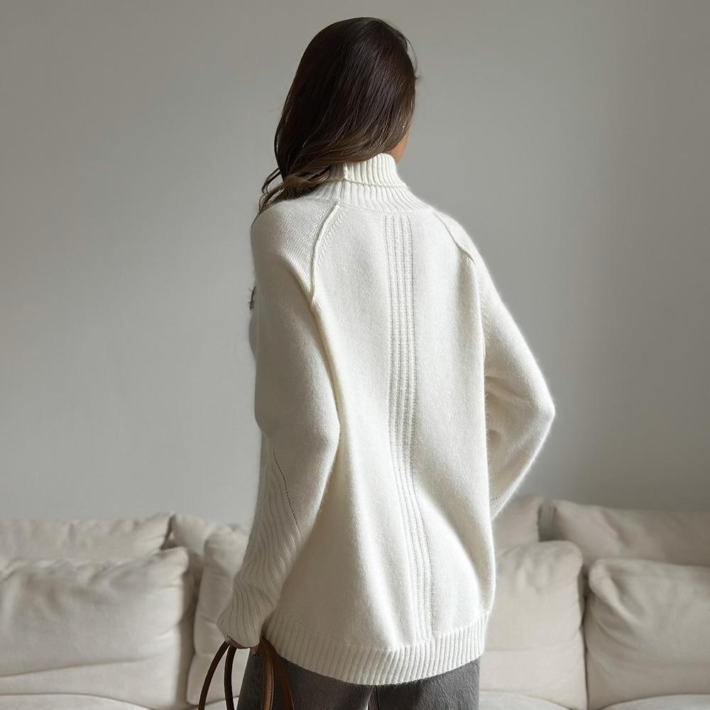 High Neck Pullover Sweater Autumn Winter White Knitwear Loose Casual Knit Sweater for Women Luxurious Relaxed-fit Slimming and Versatile Top