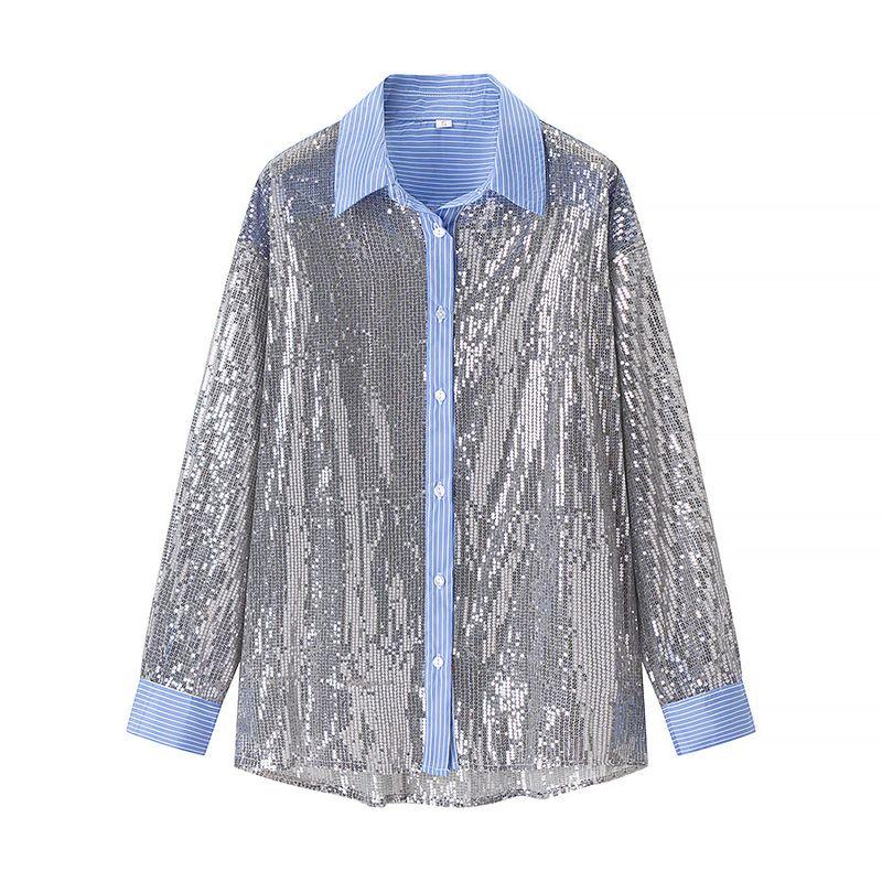 Kaslead New Women clothes Western Style Fashion Long sleeve Loose Casual Sequins Shirts