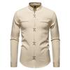 Men's Casual Solid-color Long-sleeved Shirt, Men's Slanted Front Button-down Stand-up Collar Shirt