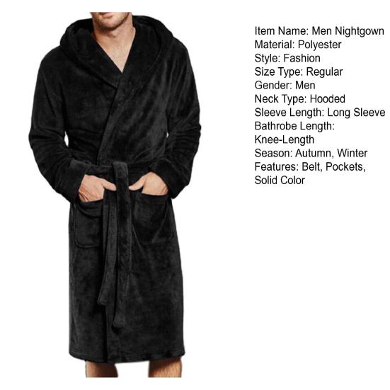 Long Sleeve Pockets Belt Solid Color Men Bathrobe Winter Warm Hooded Fleece Lengthened