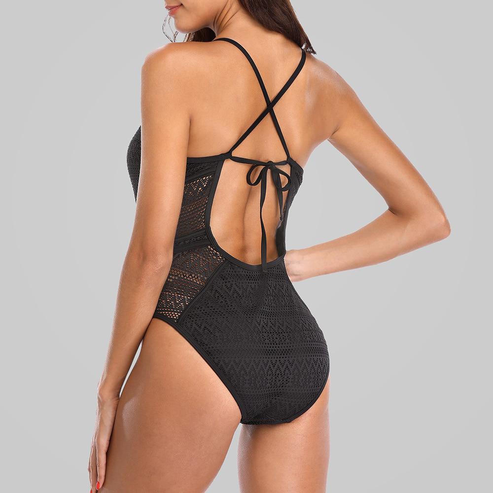 CHARMLEAKS Women One Piece Swimsuit Mesh Swimwear Deep V Swimwear Bandage Sexy Monokini Bathing Suit