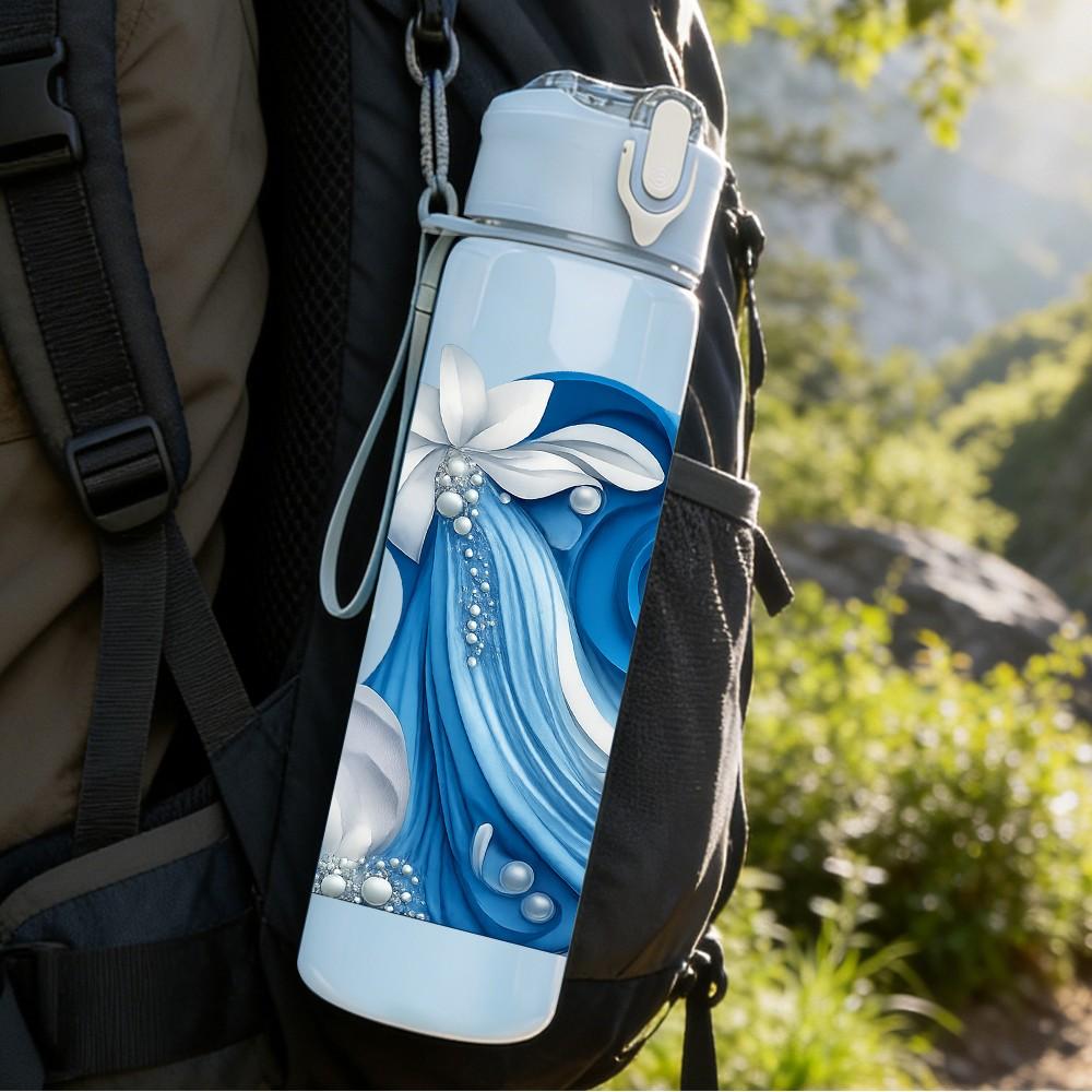 1PC Blue Ocean Wave Swirl Art Print 750ml Color Plastic Sports Water Bottle Leakproof Flip Straw Lid Suitable for Sports Office Home Use