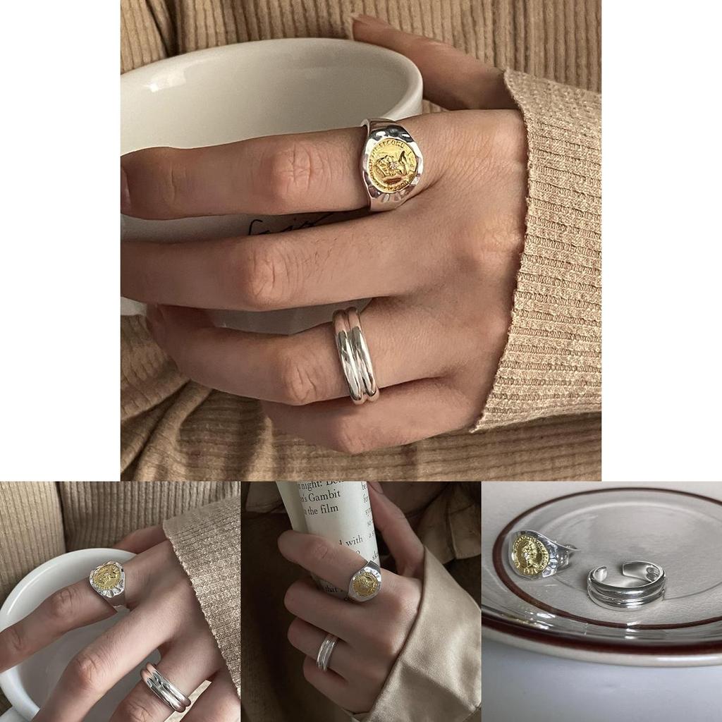 Stylish Adjustable Geometric Ring For Women Featuring Unique Coin Design And Two-tone Colors