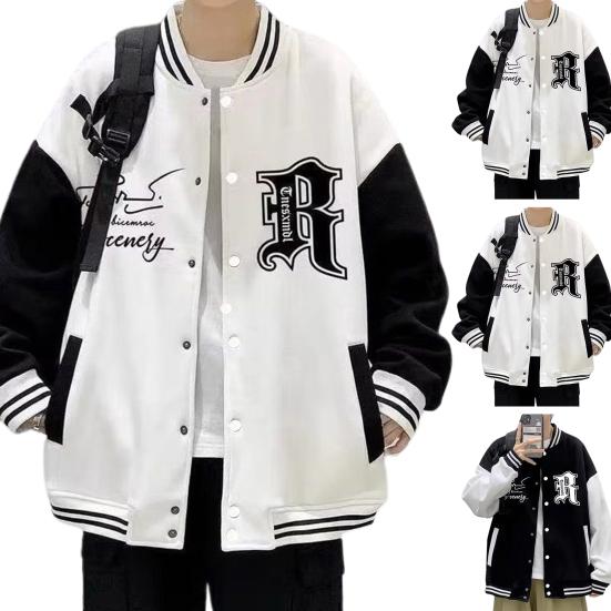 Fall Winter Men Baseball Coat Letter Print Stand Collar Loose High Street Style Single-breasted Elastic Striped Cuff Color Matching Men Jacket