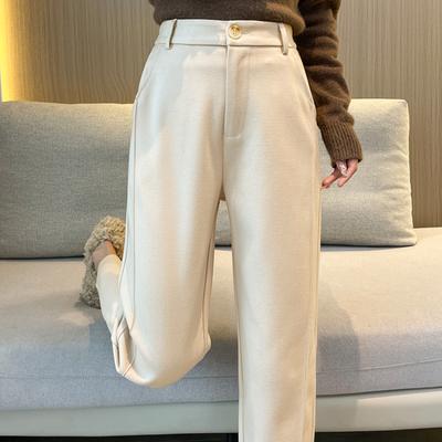 Осенние и зимние толстые шерстяные брюки-харен с высокой талией, повседневные свободные однотонные шерстяные брюки для офиса, элегантные модные винтажные женские брюки 25005