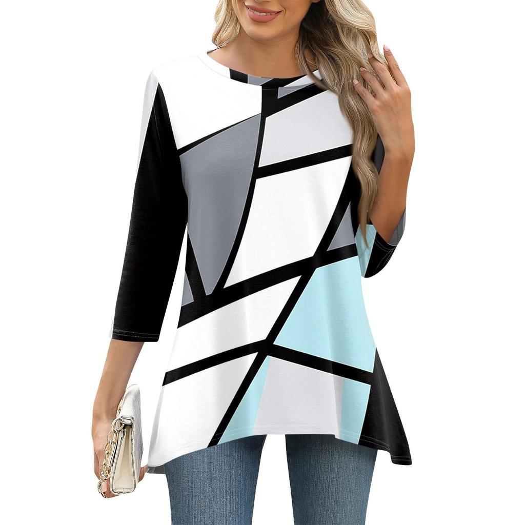 3/4 рукав туника топы для женщин принтованный повседневный выходной свободный крой модная базовая футболка с круглым вырезом