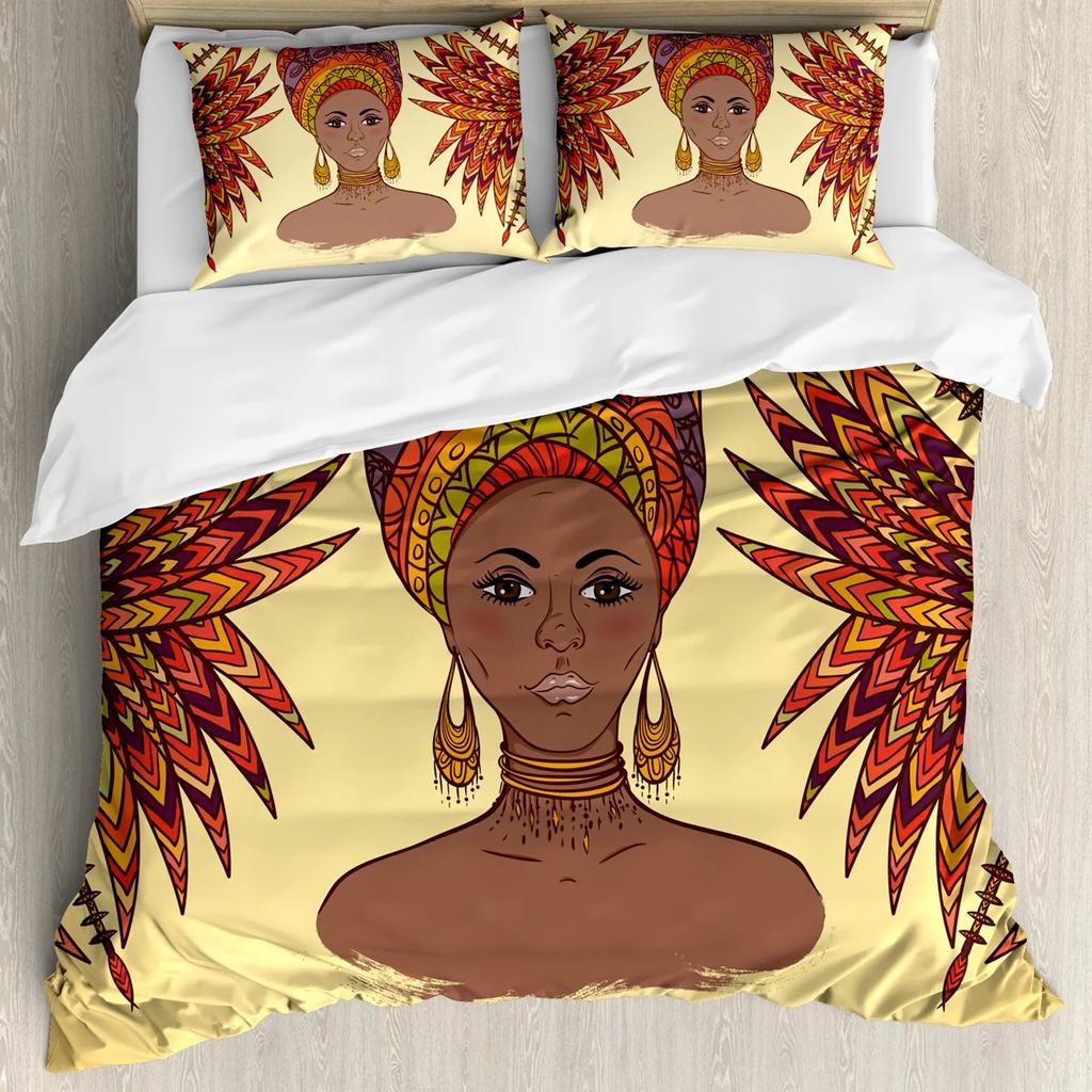 Африканский пододеяльник Креативная женщина в пустыне с летающими вокруг чайками Народный женский принт Двуспальный Квинсайз Кингсайз Полиэстер Чехол для квилта