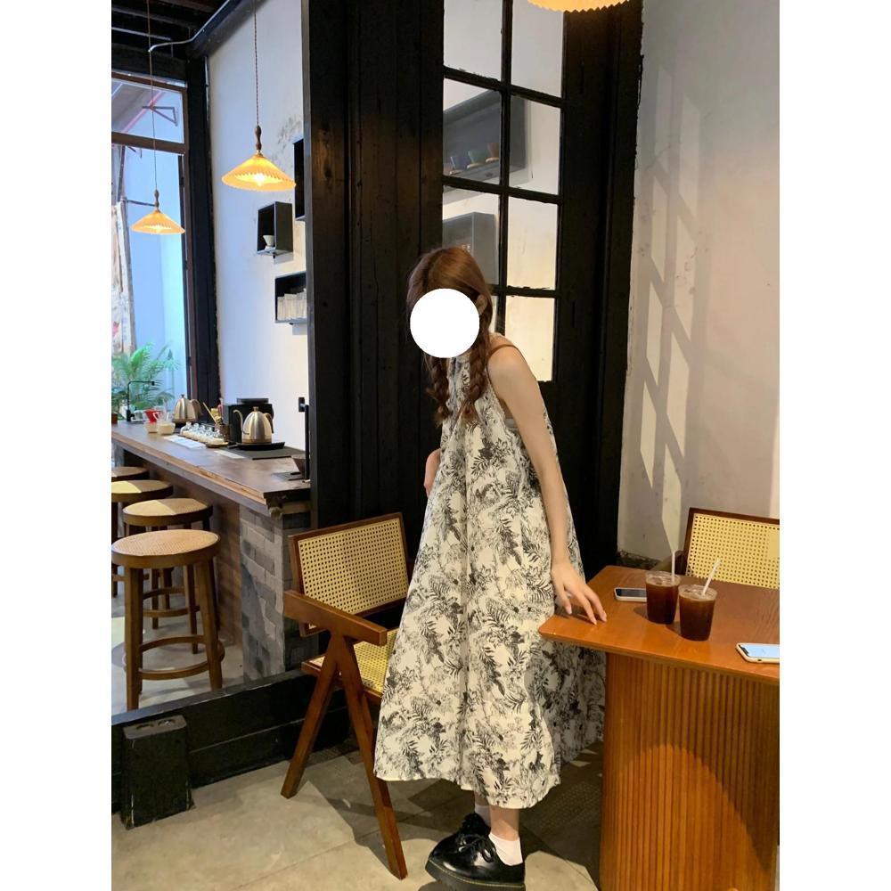 Нишевое платье с принтом, без рукавов, с вырезом под горло, женское универсальное летнее свободное темпераментное платье на бретелях