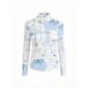 Blue and white plaid bow star print cross-neck women's top, sweet and cool autumn and winter long-sleeved slim fit