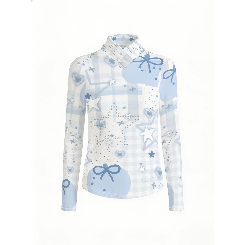 Blue and white plaid bow star print cross-neck women's top, sweet and cool autumn and winter long-sleeved slim fit