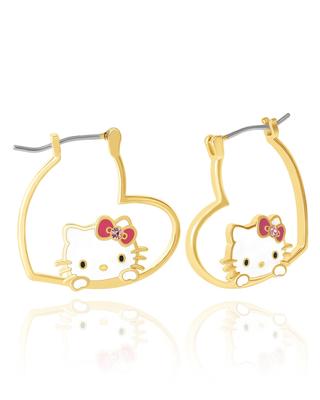 Sanrio Hello Kitty Yellow Gold Hello Kitty Heart Hoop Officially Crystal Earrings, Plated, Earrings, Licensed, Women's, Brass,