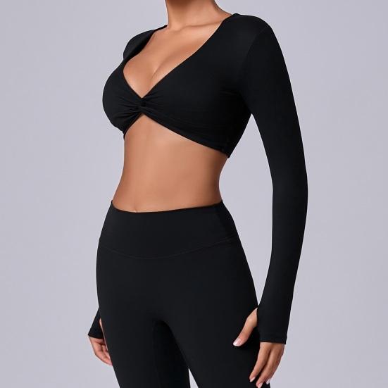 Long Sleeve Workout Tops for Women Twist Front Deep V Neck Cropped Athletic Top