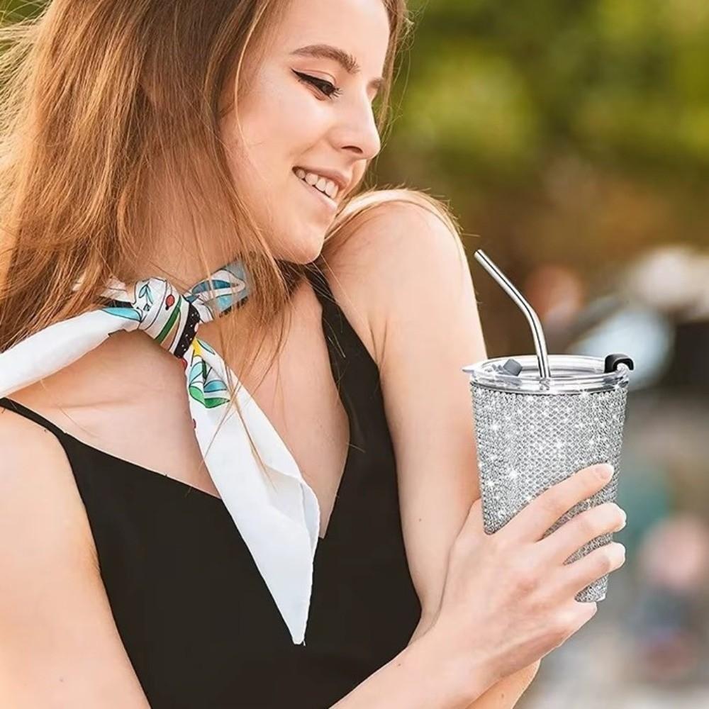 Durable 500ml Rhinestone Water Cup Bling Sparkling Glitter Coffee Mug with Lid Straw Luxury Creative Straw Cup Girl