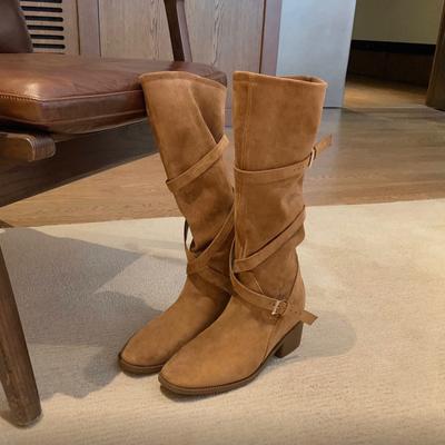 Версия из овчины~ 7 см высота платформы полусапоги женские острый круглый носок перекрестный ремешок ретро толстый каблук длинные сапоги сапоги-рыцари