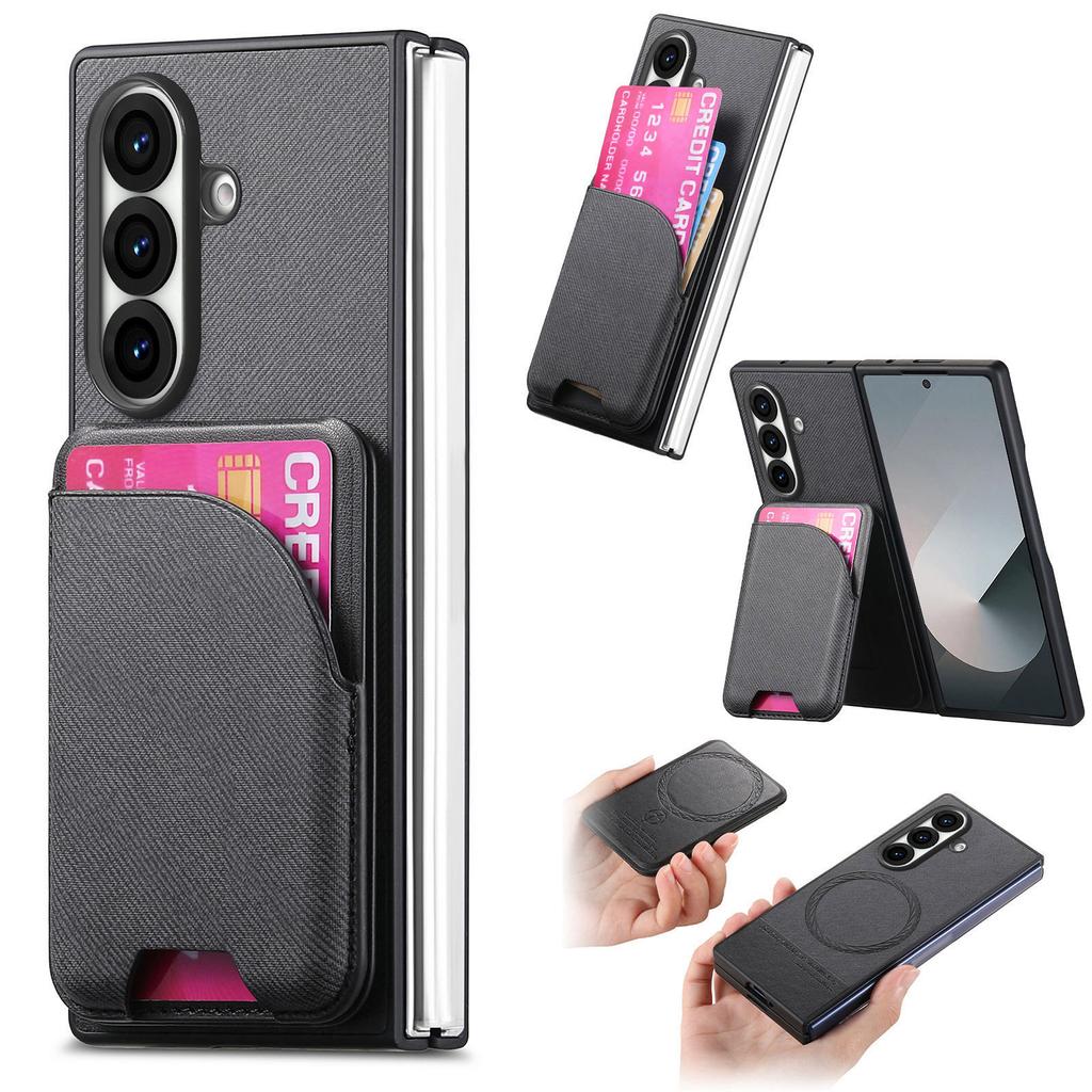 For Samsung Galaxy Z Fold7 5G Magnetic Case Kickstand Denim Texture Leather Back Cover with Detachable Card Bag