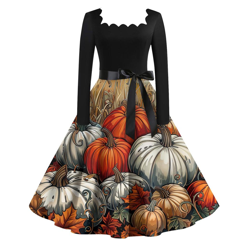 Женское повседневное модное платье в стиле ретро с квадратным вырезом и длинными рукавами