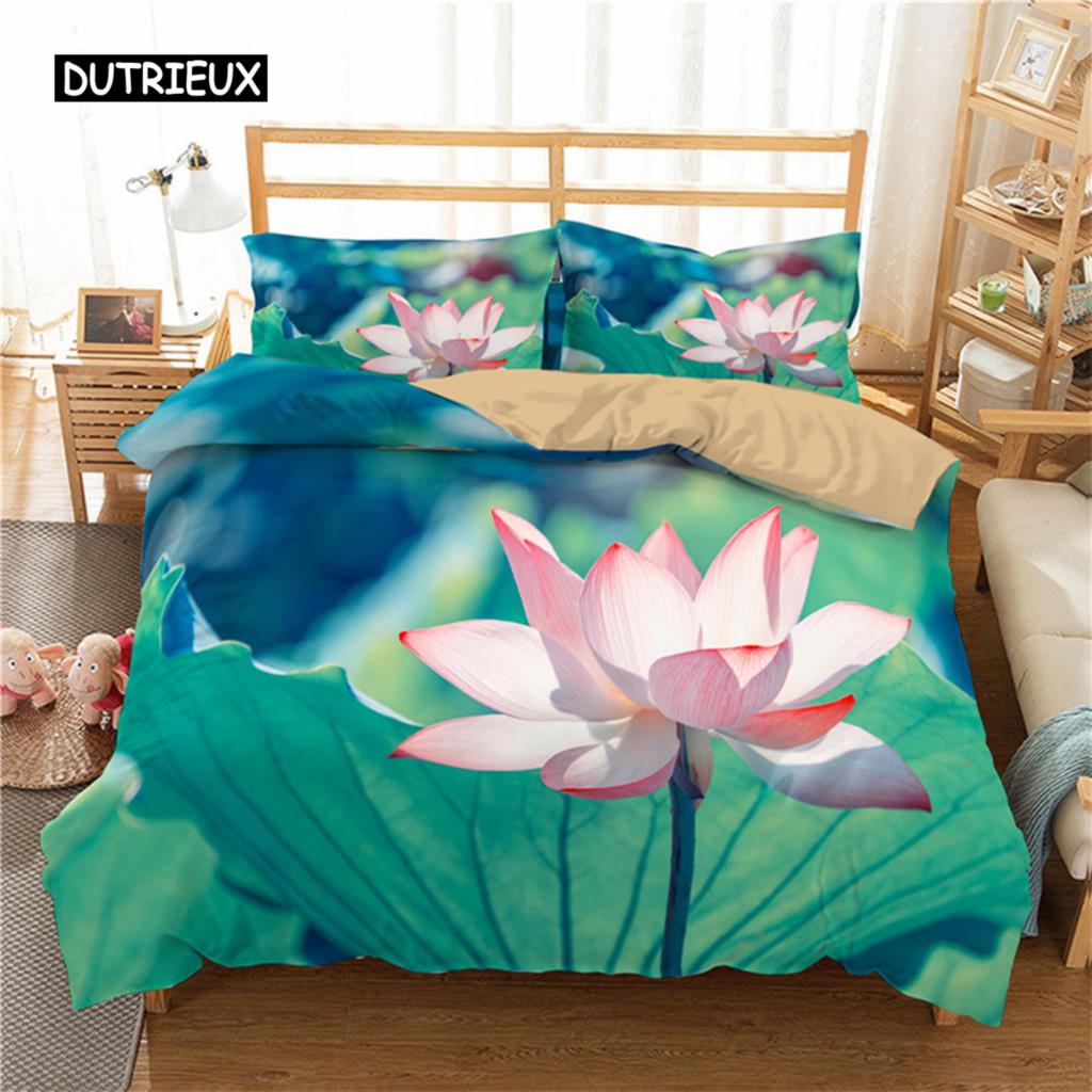 Пододеяльник с цветочным принтом лотоса King Microfiber Water Hibiscus Комплект постельного белья Flower Leaves Пододеяльник Nature Art Theme Покрывало