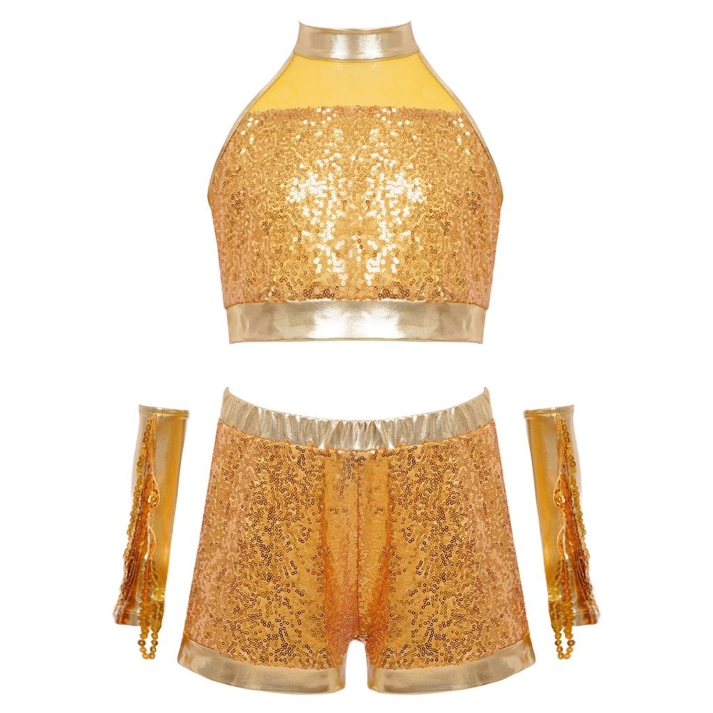 Girls Shiny Sequin Crop Top Keyhole Back Sleeveless Shorts Metallic Gloves Tassels Stage Costume