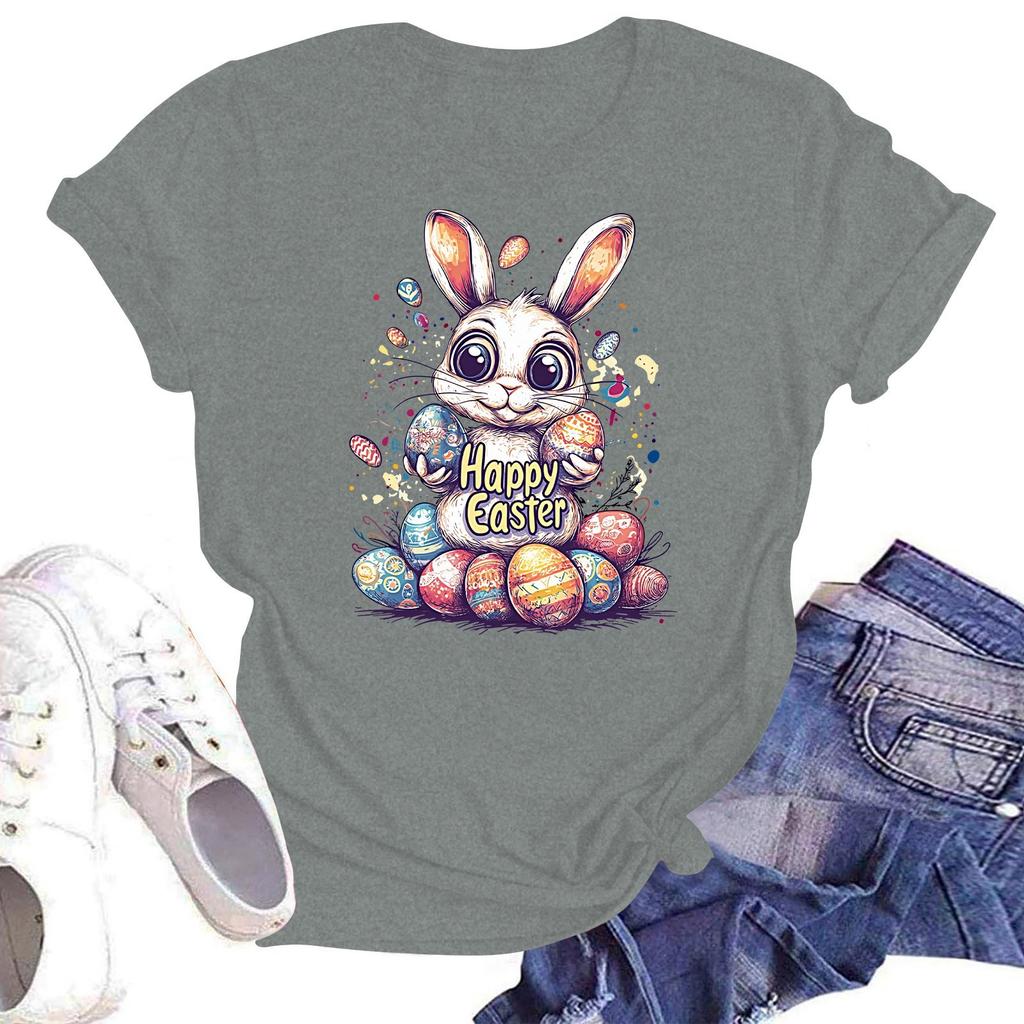 Happy Easter Women's Fashion Printed Round Neck Short Sleeve T-Shirt Pullover Top