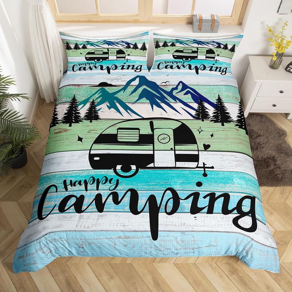 Happy Camping Duvet Cover Queen Twin Rv Camping Comforter Cover Camper Bedding Set Microfiber Bedspread Cover For Boys Girls