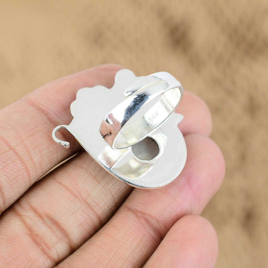 Round Crown Chakra Natural Rainbow Moonstone Flower New Ring 925 Sterling Silver