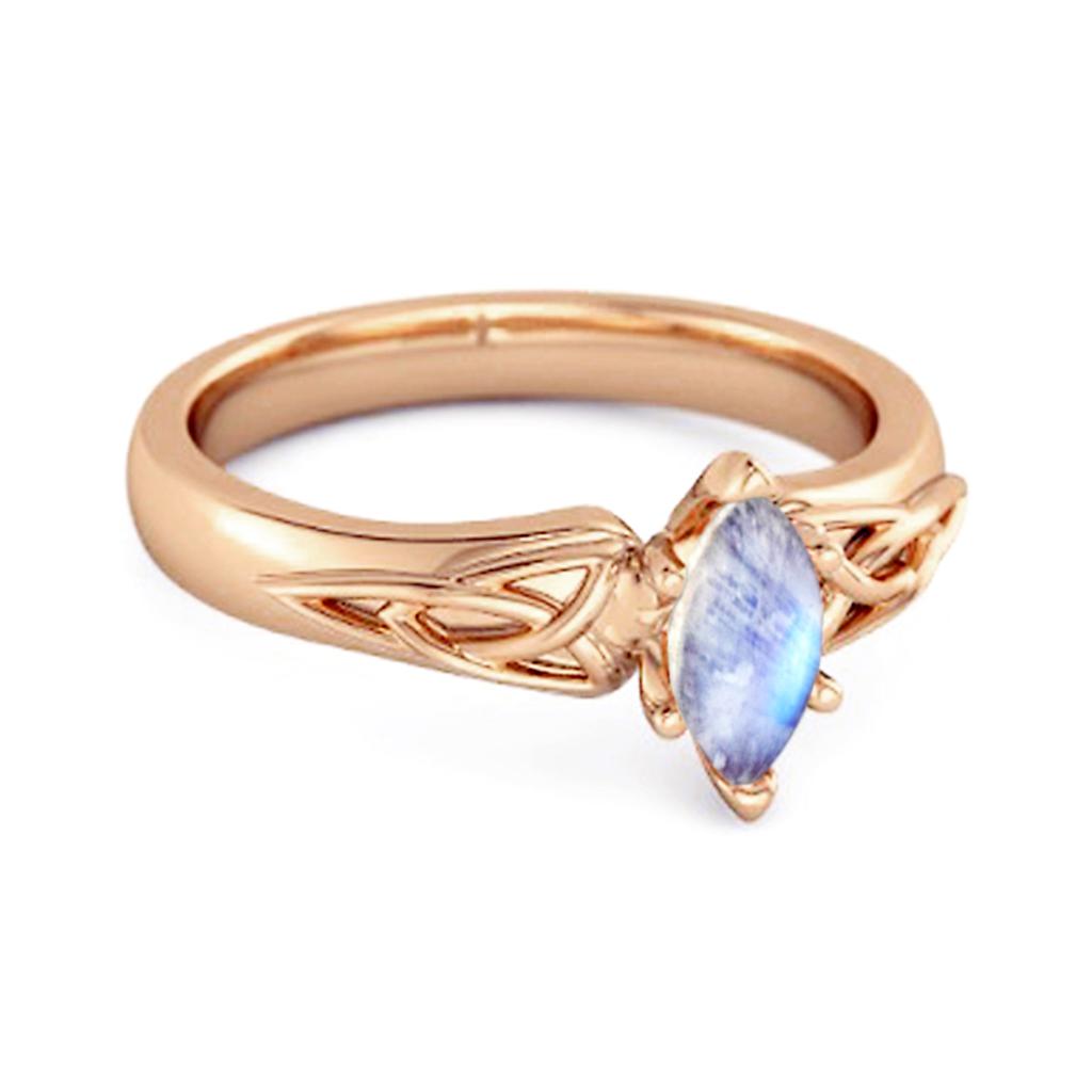 925 Sterling Silver Rose Gold Vermeil Moonstone Celtic Trinity Knot Women Band Ring