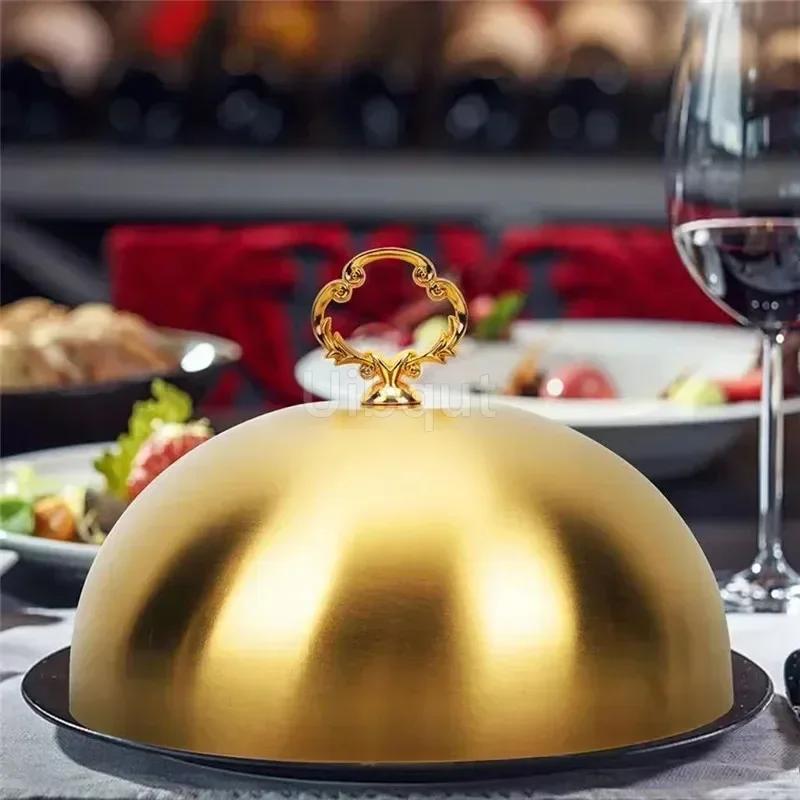 golden Cover Food Stainless Dome Lid Tent Protector Steak Serving tray For Melting Kitchen Metal Cheese Plate Cover Dish Basting