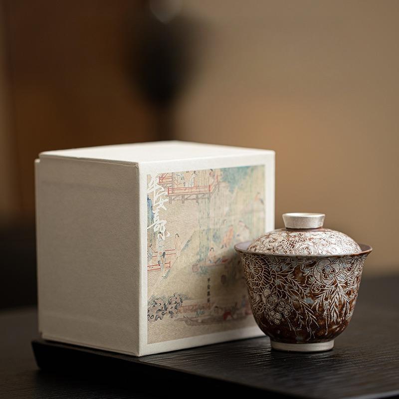 Старые Скальные Глиняные Пиалы Цветочный Позолоченный Серебром Гайвань Китайская Чайная Посуда Кунг-фу Каменная Ретро Чайница Японская Керамическая Посуда для Напитков