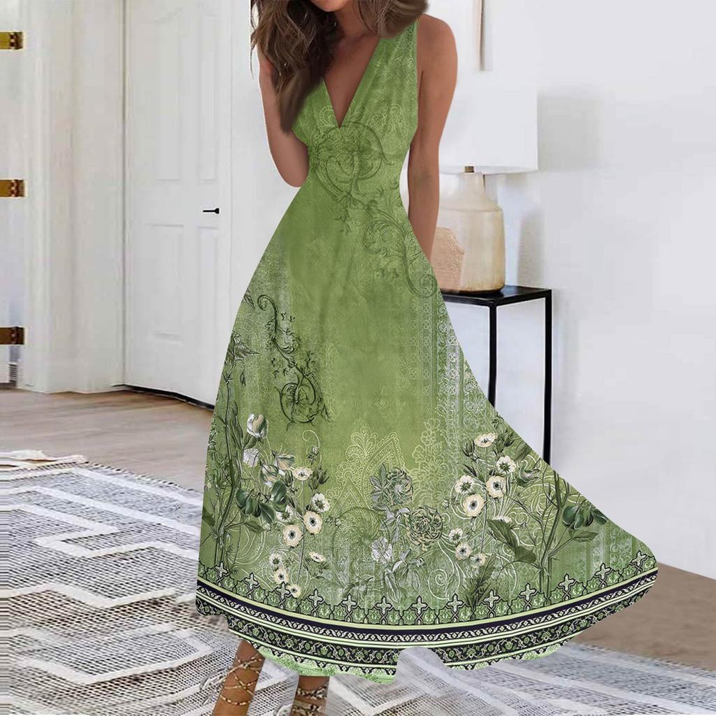 Женские модные повседневные свободные платья с V-образным вырезом без рукавов с принтом