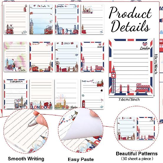 Wxiben Лондоские Стикеры с Ручками - 24 шт. Блокноты для Путешествий по Лондону Англия Шариковые Ручки Оптом Заметки с Британским Флагом Ручка с Черными Чернилами Сувенирные Подарки для