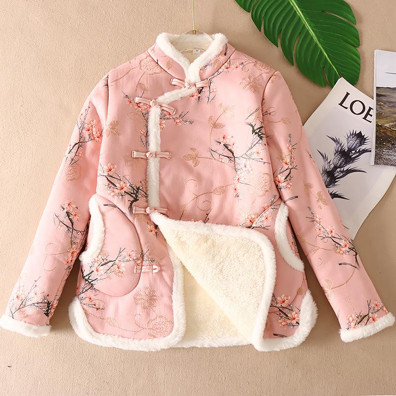 2025 Autumn Winter New Chinese Style Fashion Women Plush Cotton Coat Standing Neck Pan Button Coat Female Warm Jacket