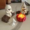 Ghost Campfire Gathering Scene Resin 2 Ghosts with Cat/Dog Making Smores Figurine Flickering LED Bonfire Halloween Night Light