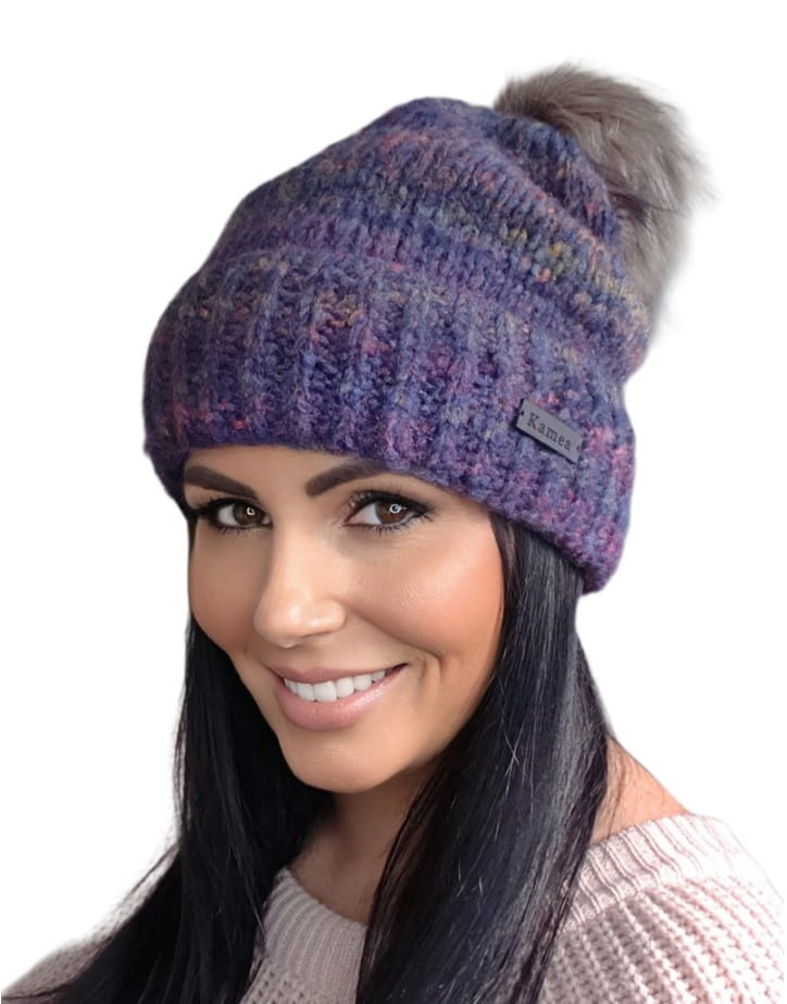 Gaja Women' Hat with Natural Raccoon Pompom, Navy Blue