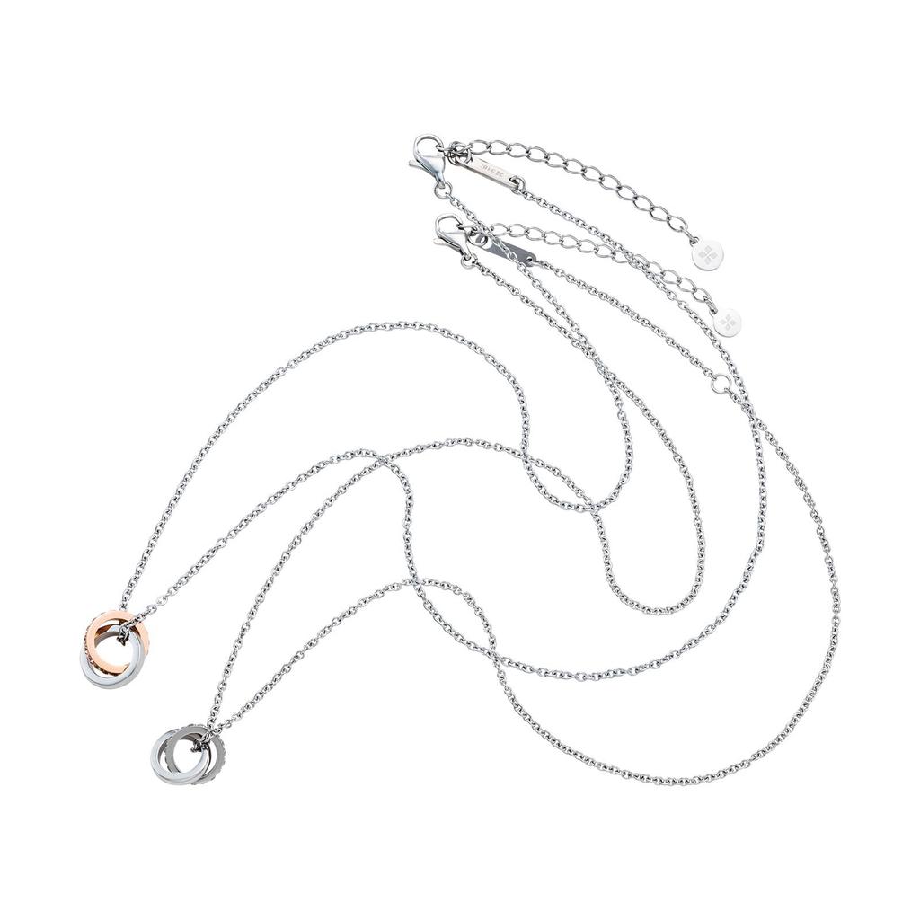 Парный набор ожерелий из 2 шт. Хирургическая сталь 316L Кубический цирконий Двойное кольцо Розовый Серебристый [White Clover] 40см/45см & 4SUP112GO&4SUP112SV