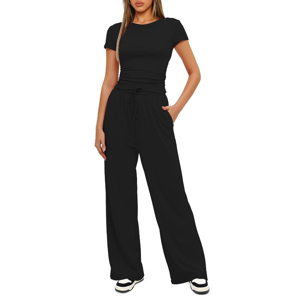 Women 2 Piece Outfits Sets Summer Short Sleeve Ruched Tops And Wide Leg Pants Tracksuit Matching Outfits