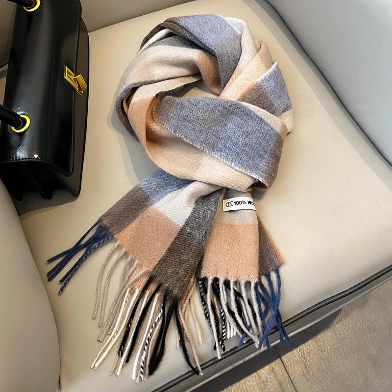 British Plaid Pure Wool Scarf Winter Women's Retro Blue Girls Couple Versatile Warm Scarf Men's Gift