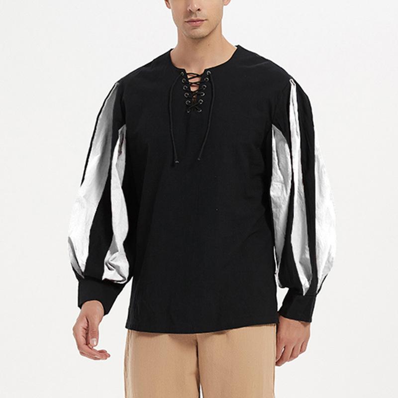 Летняя мужская винтажная свободная рубашка рыцаря со шнуровкой и длинными рукавами, средневековая драматическая рубашка для выступлений